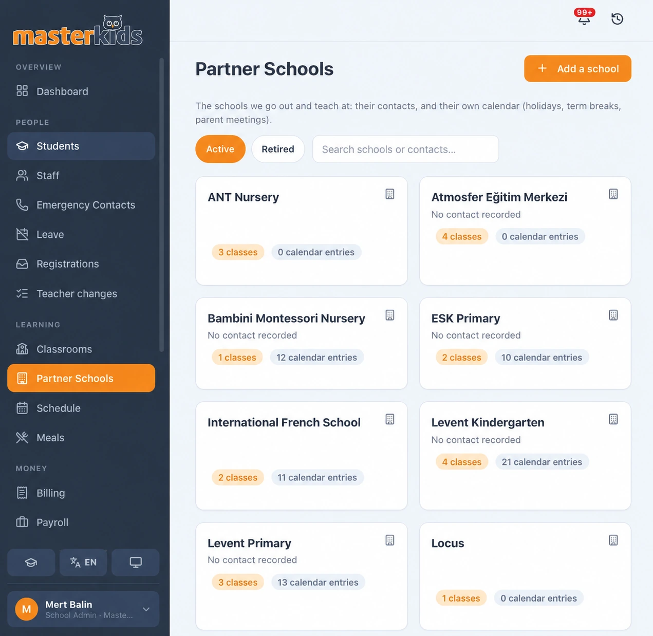MasterKids App partner schools overview